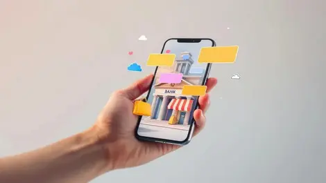 Smartphone banking app ads over traditional bank building scene