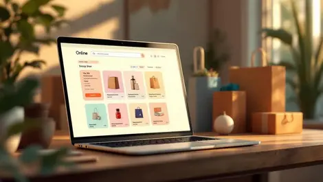 Ai assistant online store laptop wooden desk shopping bags parcels