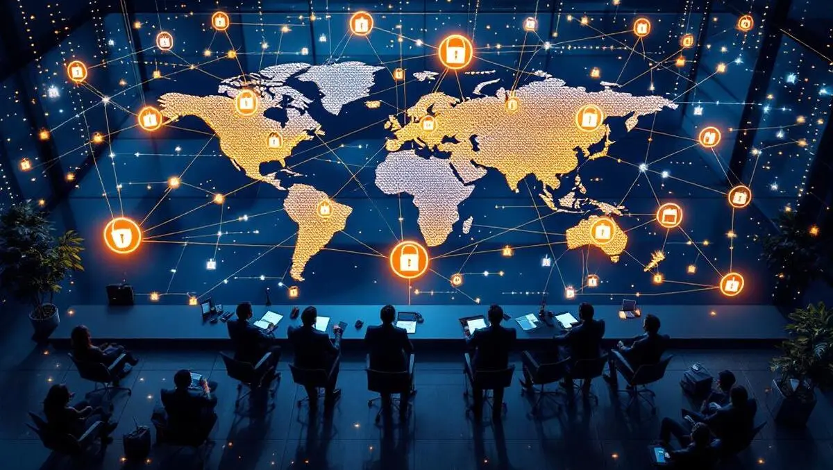 Corporate boardroom dusk cyber supply chain security locks chains