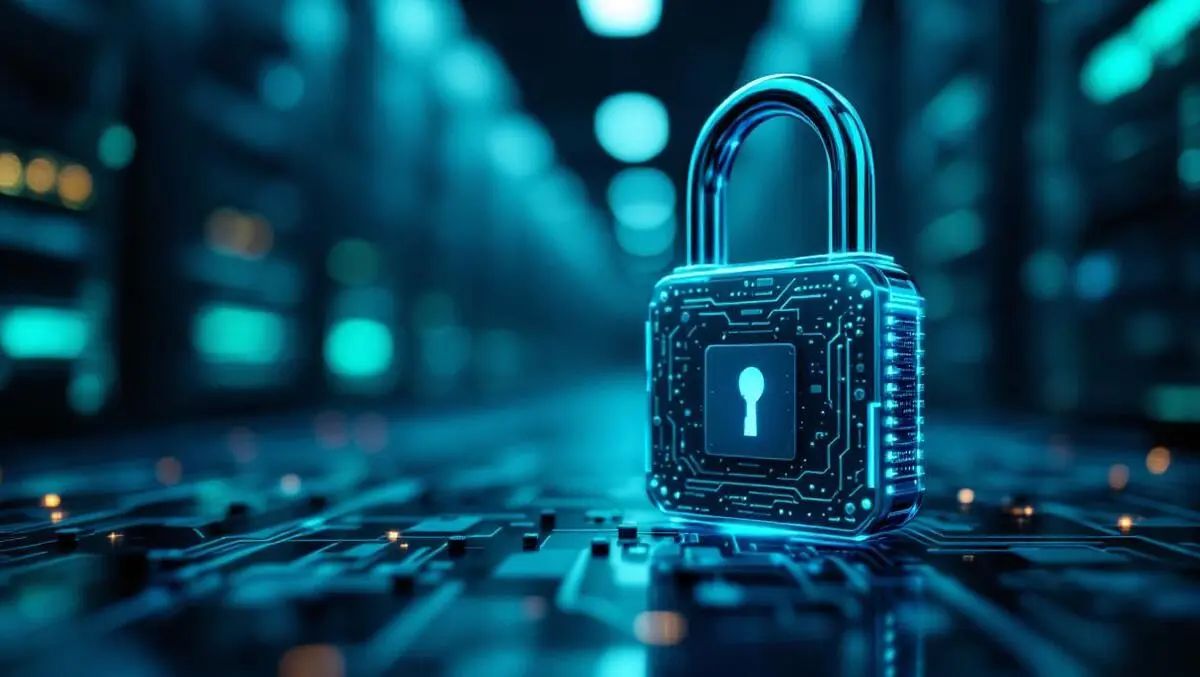 Cinematic circuitry padlock over data center racks digital network