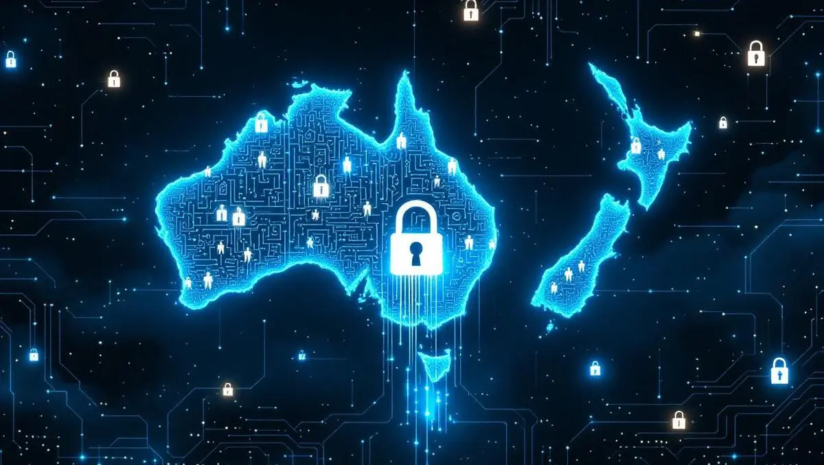 Aus nz cybersecurity map glowing circuits data leak barrier
