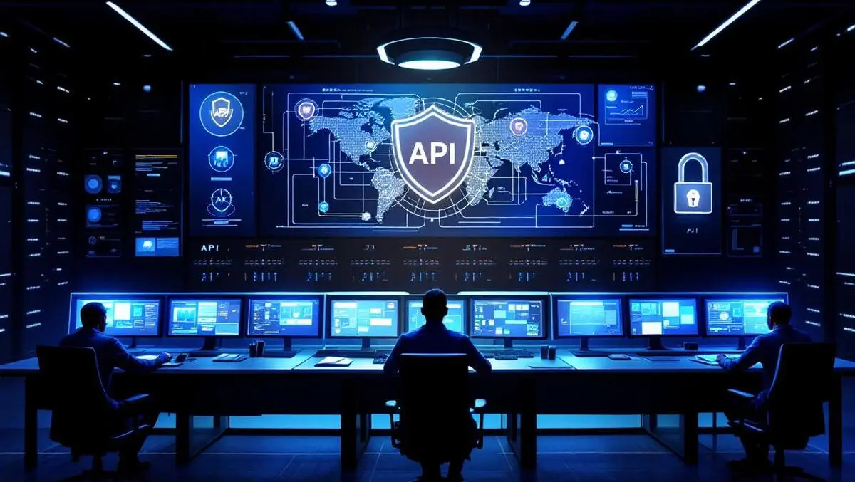 Cinematic datacenter control room api security screens blue grey