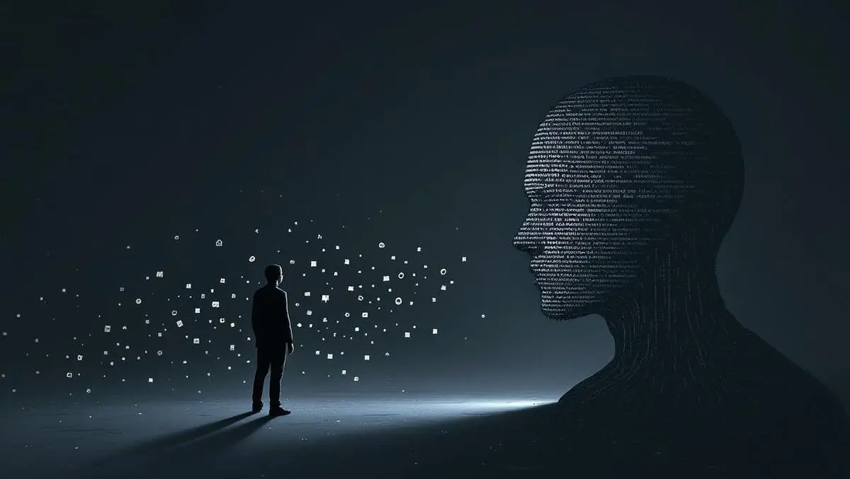 Moody human silhouette data fragments facing shadowy ai privacy loss