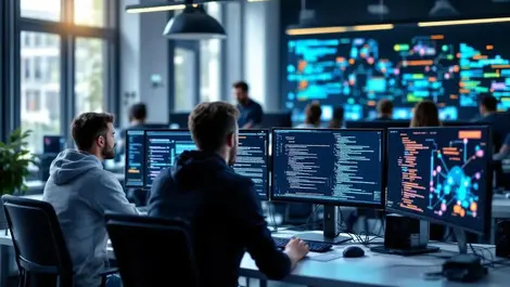 Software team ai coding agents collaboration hub colorful monitors