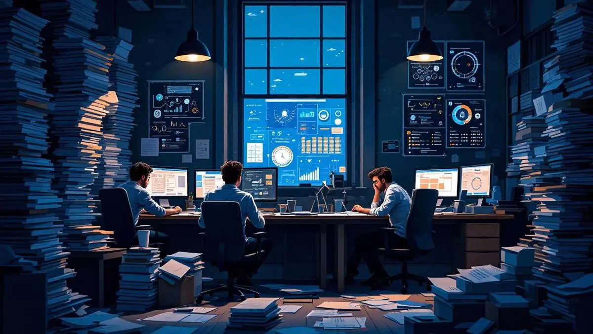 Anz exhausted office team data privacy security stress illustration