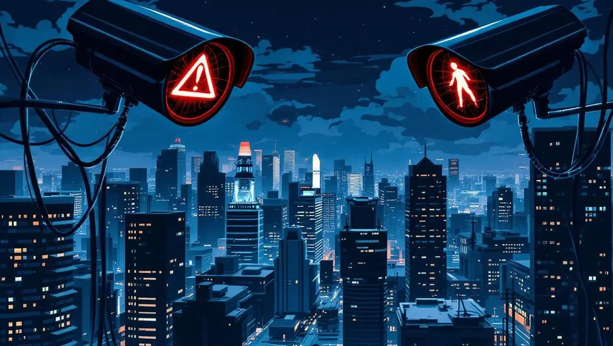 Australian city night cctv hacker warning shadowy silhouette