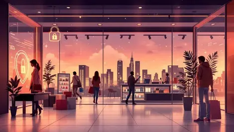 Australian retail store dusk counter with abstract digital security