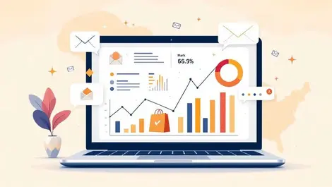 Marketing dashboard laptop rising graphs multichannel icons us map