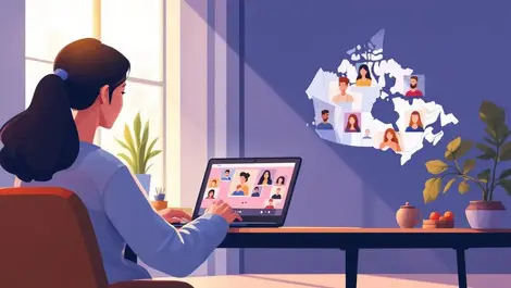 Remote canadian laptop worker video call map of canada tech jobs