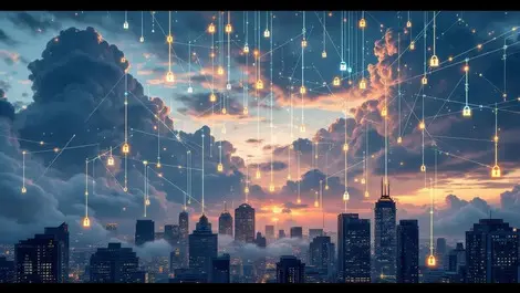 Cloudy asia pacific skyline ai data streams cyber risk art