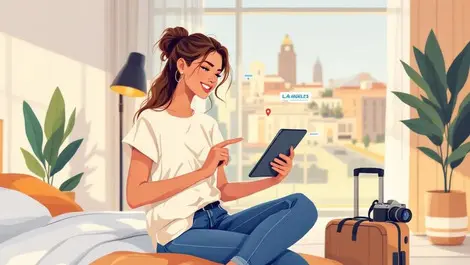 La hotel influencer pointing at tablet map travel booking scene