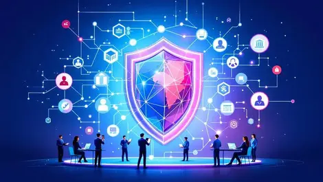 Digital shield protecting professionals from online scams illustration