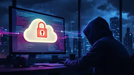 Moody corporate night office fileless ransomware cloud lock reflection